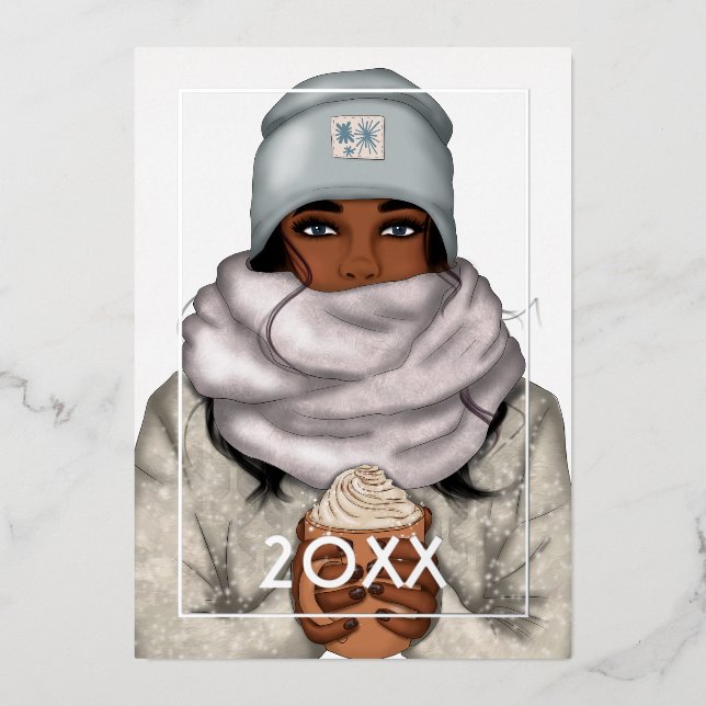 Cozy Winter African American Christmas Foil Holiday Card (Front)