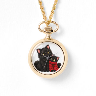 Cozy Winter Black Cat Mom And Baby Reading Pocket Watch