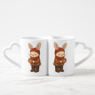 Cozy Winter Bunny Drinking Hot Cocoa Sticker Coffee Mug Set