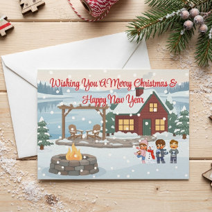 Cozy Winter Cabin and Snowman Family Christmas Invitation