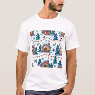 Cozy Winter Cabin Christmas Lights Pattern T-Shirt