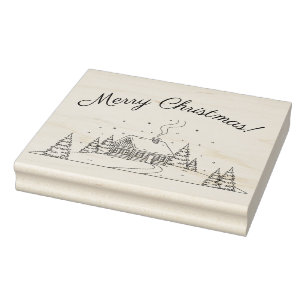 Cozy Winter Cabin Christmas Scene Rubber Stamp