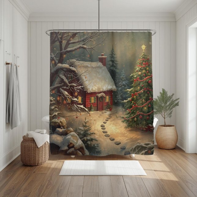 Cozy Winter Cabin Christmas Tree Watercolor Snowy  Shower Curtain (Creator Uploaded)