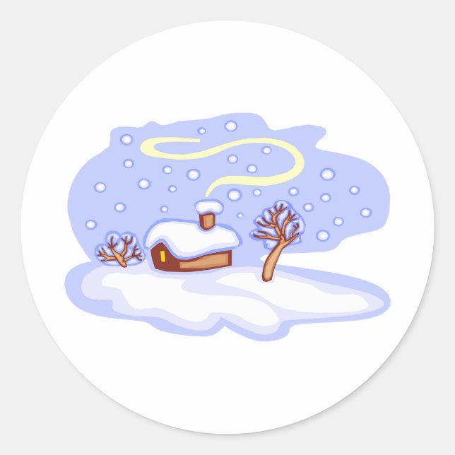 Cozy Winter Cabin in Snow Frosty Landscape Classic Round Sticker (Front)