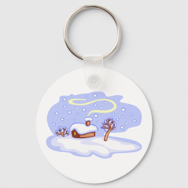 Cozy Winter Cabin in Snow Frosty Landscape Keychain (Front)
