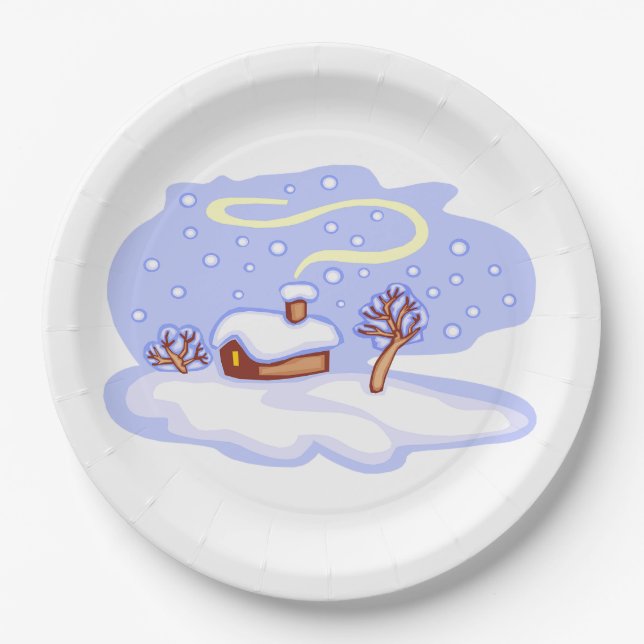 Cozy Winter Cabin in Snow Frosty Landscape Paper Plates (Front)