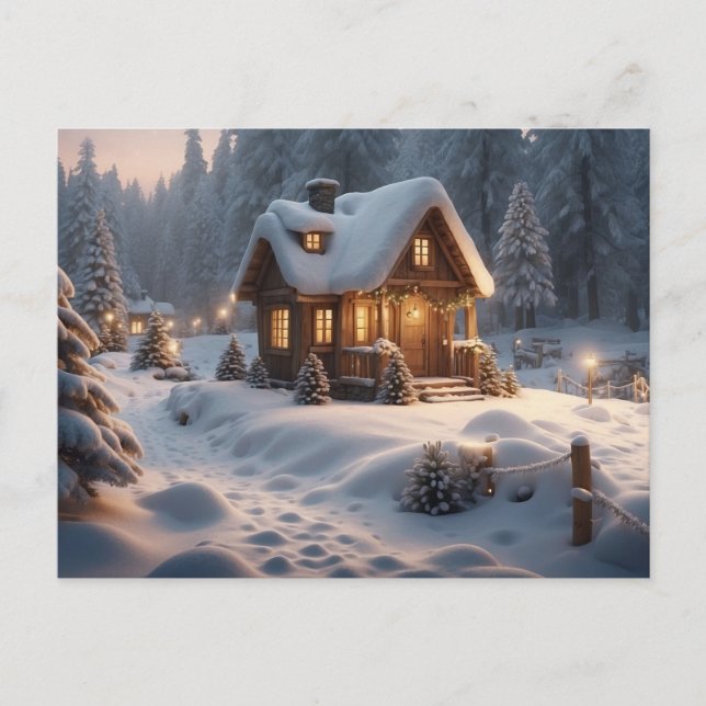 Cozy Winter Cabin in the Forest  Postcard (Front)