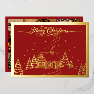 Cozy Winter Cabin , Merry Christmas in Red, Gold Foil Holiday Card