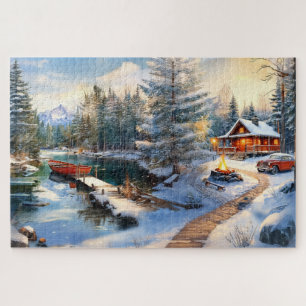 Cozy Winter Cabin Scene Jigsaw Puzzle