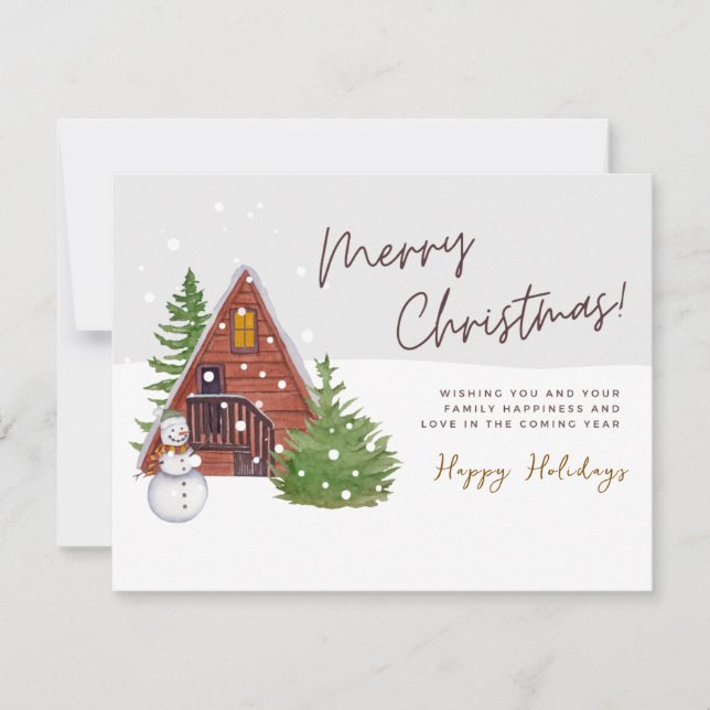 Cozy Winter Cabin & Snowman | Watercolor Christmas Holiday Card (Front)