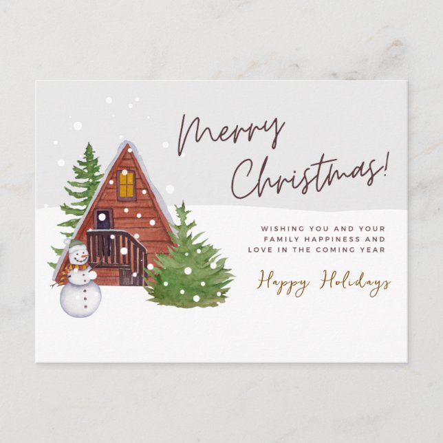 Cozy Winter Cabin & Snowman | Watercolor Christmas Holiday Postcard (Front)