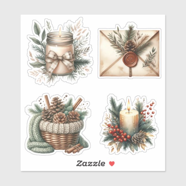 Cozy Winter Candle & Pinecone Aesthetic Stickers (Sheet)