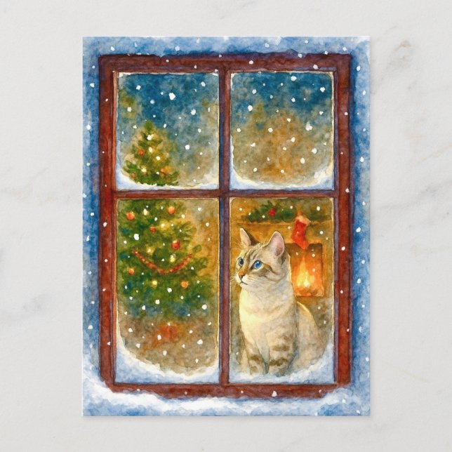 Cozy Winter Cat by the Window Christmas Postcard (Front)