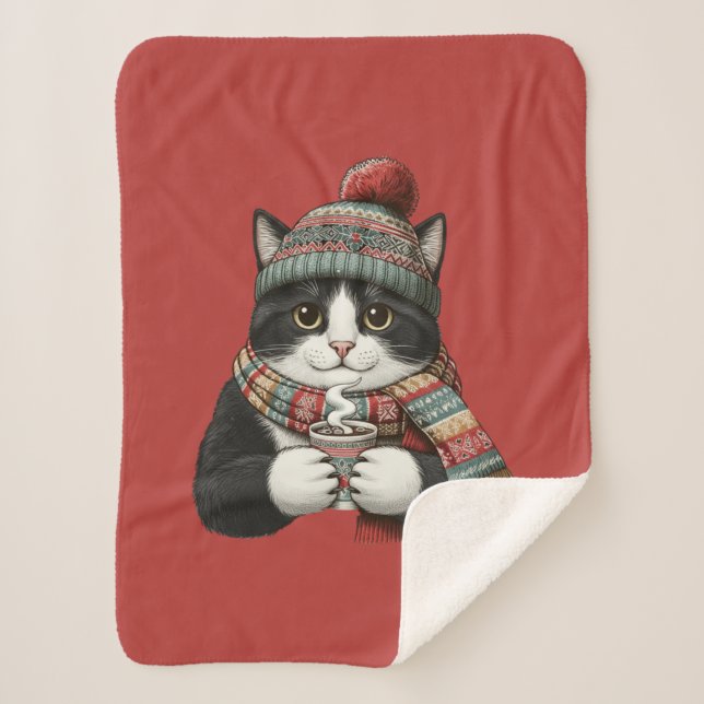 Cozy Winter Cat Cocoa Sherpa Blanket (Front)