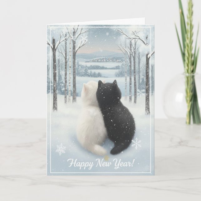 Cozy Winter Cats “Happy New Year” Folded Greeting  Card (Front)