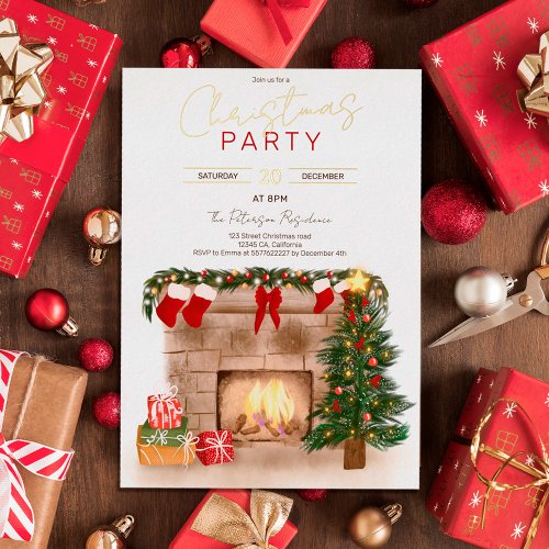 Cozy winter chimney Christmas tree illustration Foil Invitation