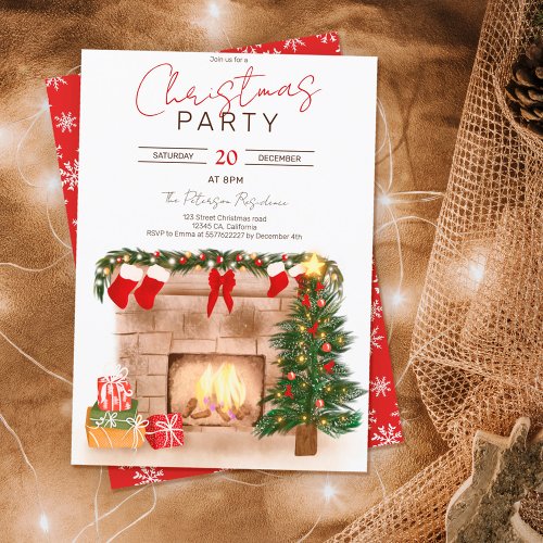 Cozy winter chimney Christmas tree illustration Invitation