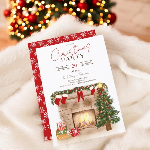 Cozy winter chimney Christmas tree illustration Invitation