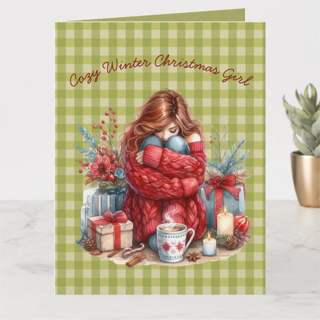 Cozy Winter Christmas Girl Olive Green Greeting  Card (Small Plant)