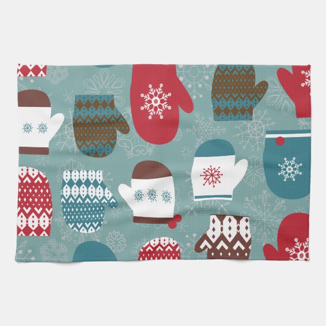 Cozy Winter Christmas Mittens Blue Kitchen Towel (Horizontal)
