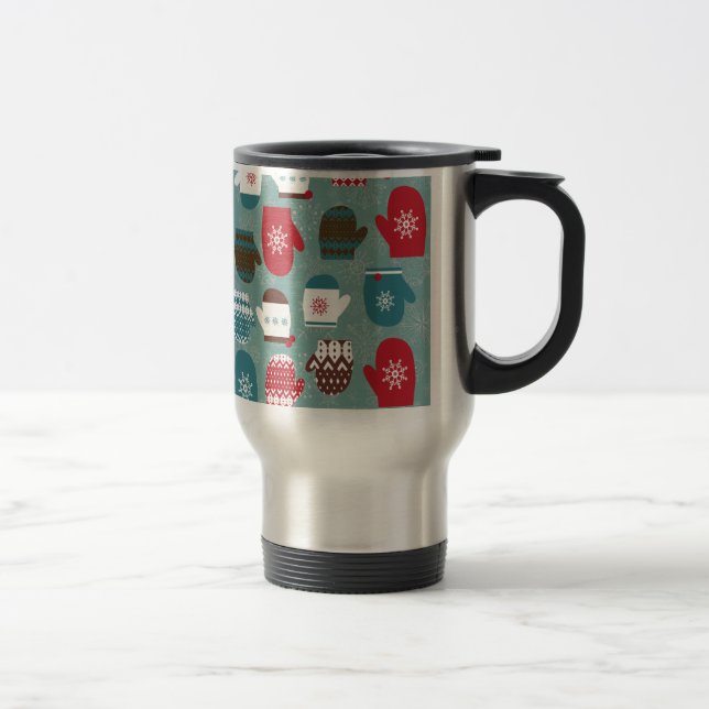 Cozy Winter Christmas Mittens Blue Travel Mug (Right)