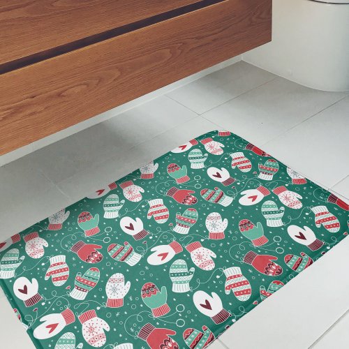 Cozy Winter Christmas Mittens Pattern in Green Bath Mat