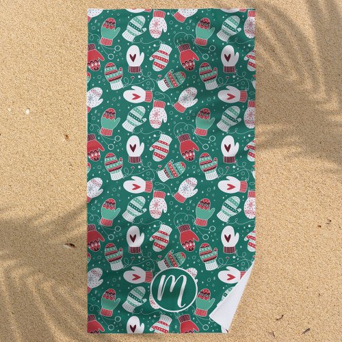 Cozy Winter Christmas Mittens Pattern in Green Beach Towel