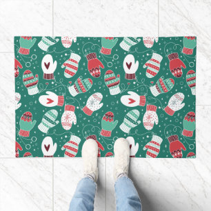 Cozy Winter Christmas Mittens Pattern in Green Doormat