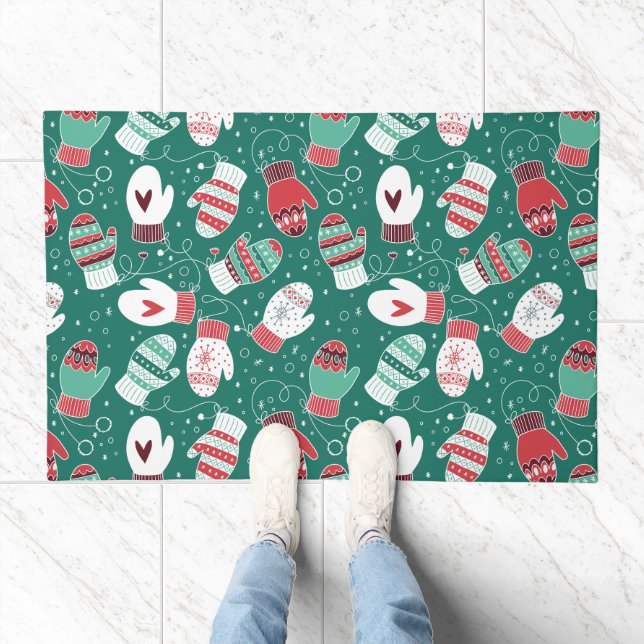 Cozy Winter Christmas Mittens Pattern in Green Doormat (Indoor)