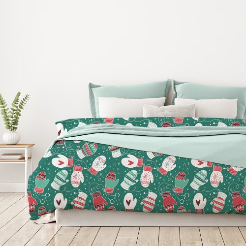 Cozy Winter Christmas Mittens Pattern in Green Duvet Cover
