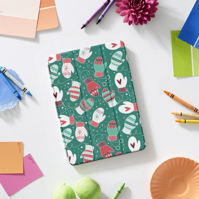 Cozy Winter Christmas Mittens Pattern in Green iPad Pro Cover (Desk)