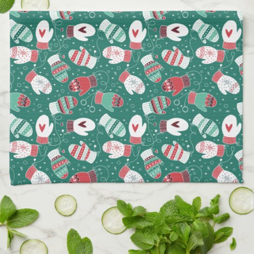 Cozy Winter Christmas Mittens Pattern in Green Kitchen Towel