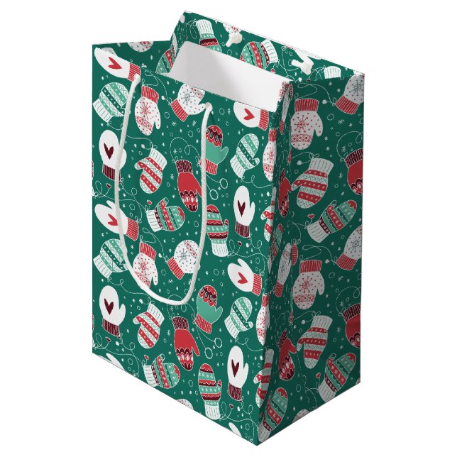Cozy Winter Christmas Mittens Pattern in Green Medium Gift Bag (Front Angled)