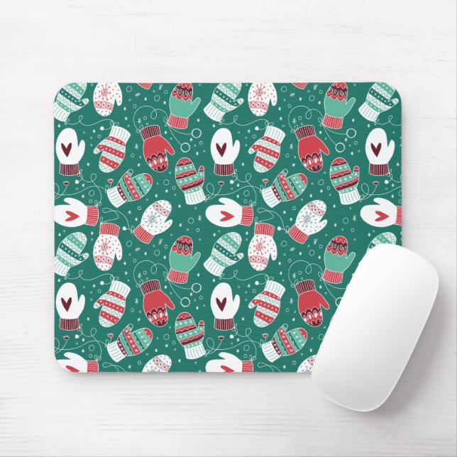 Cozy Winter Christmas Mittens Pattern in Green Mouse Pad (With Mouse)