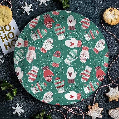 Cozy Winter Christmas Mittens Pattern in Green Paper Plates
