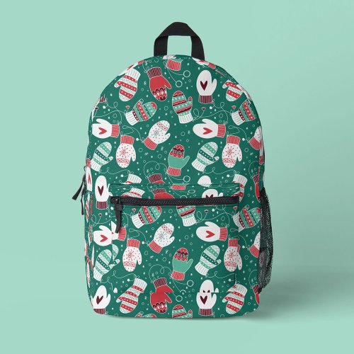 Cozy Winter Christmas Mittens Pattern in Green Printed Backpack