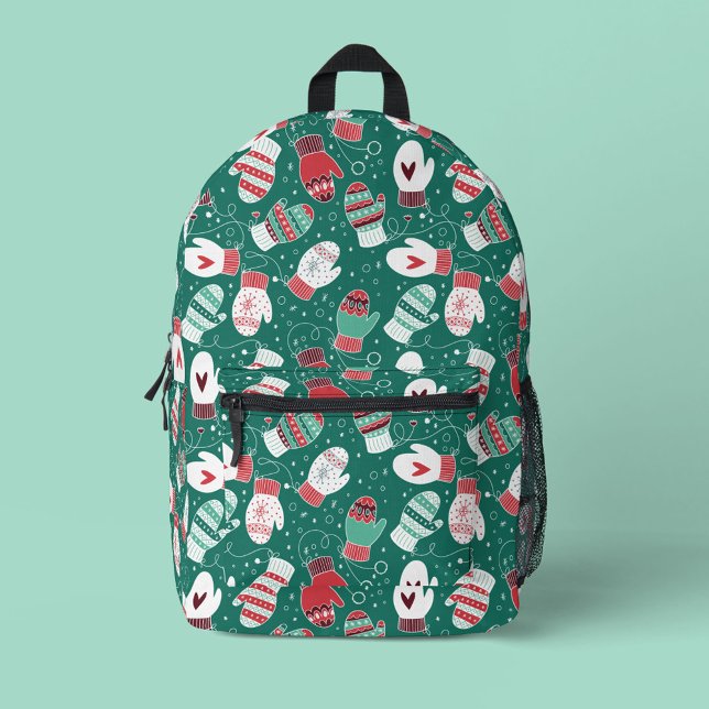 Cozy Winter Christmas Mittens Pattern in Green Printed Backpack (Green Winter Mittens Pattern Backpack)