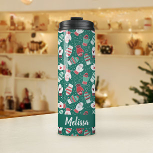 Cozy Winter Christmas Mittens Pattern in Green Thermal Tumbler
