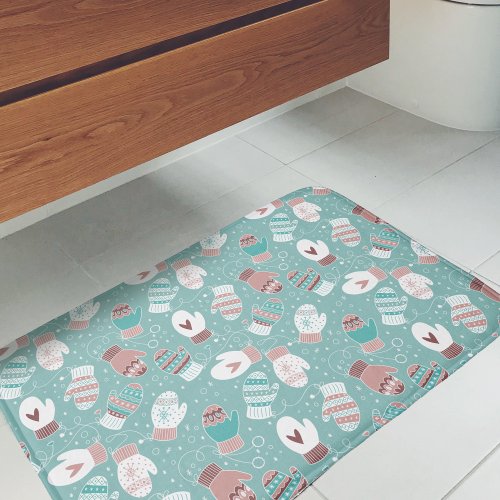 Cozy Winter Christmas Mittens Pattern in Mint Bath Mat