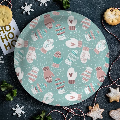 Cozy Winter Christmas Mittens Pattern in Mint Paper Plates