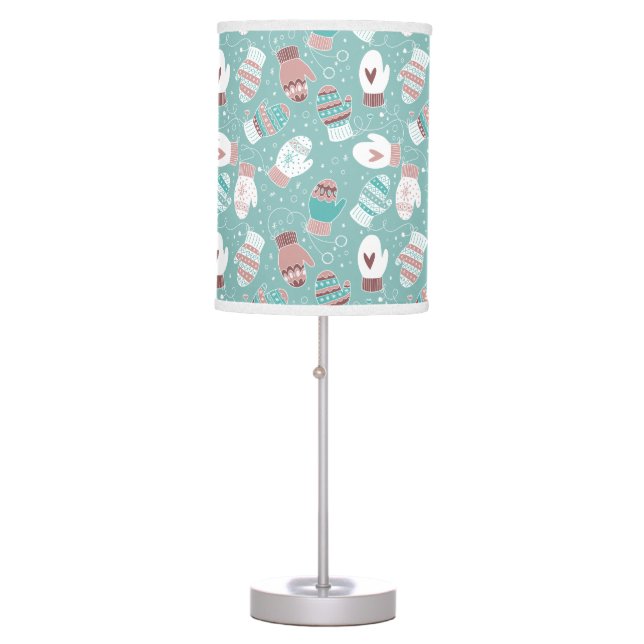 Cozy Winter Christmas Mittens Pattern in Mint Table Lamp (Front)