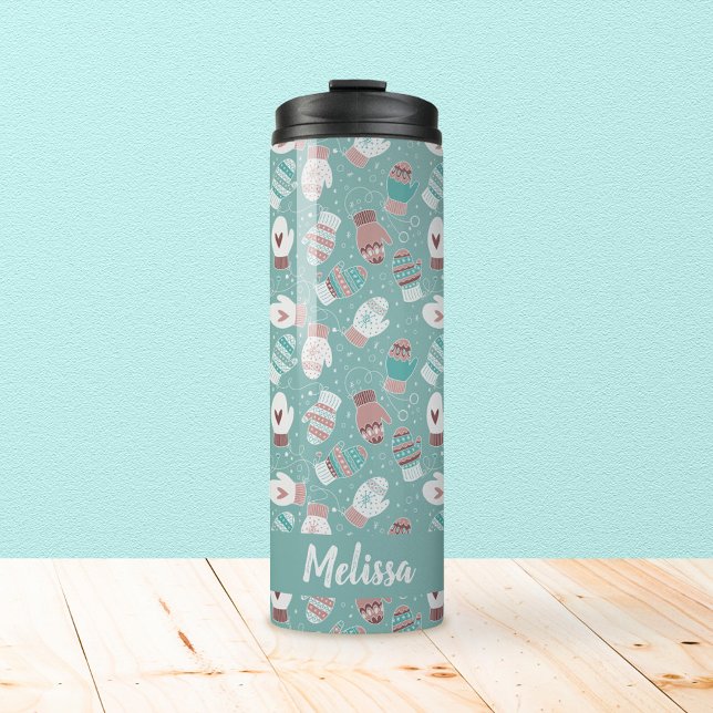 Cozy Winter Christmas Mittens Pattern in Mint Thermal Tumbler (Mint Winter Mittens Pattern Thermal Tumbler)