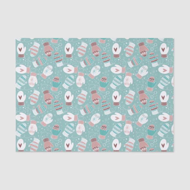 Cozy Winter Christmas Mittens Pattern in Mint Tissue Paper (Front)