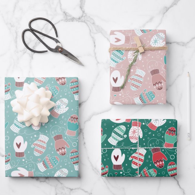 Cozy Winter Christmas Mittens Pattern Set Wrapping Paper Sheets (Front)