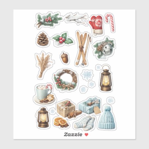 Cozy Winter Christmas Pinecone Wooden Skis Vintage Sticker
