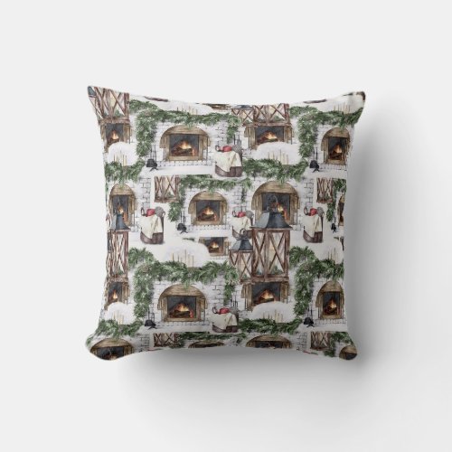 Cozy Winter Christmas Watercolor Pattern Throw Pillow