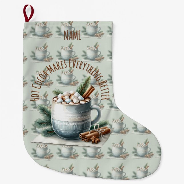 Cozy Winter Cocoa Marshmallow Scene Large Christmas Stocking (Front)