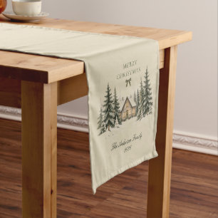 Cozy Winter Cottage Beige Merry Christmas Family Short Table Runner