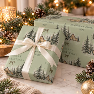 Cozy Winter Cottage Olive Green Merry Christmas Wrapping Paper