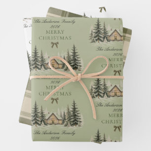 Cozy Winter Cottage Olive Green Merry Christmas Wrapping Paper Sheets